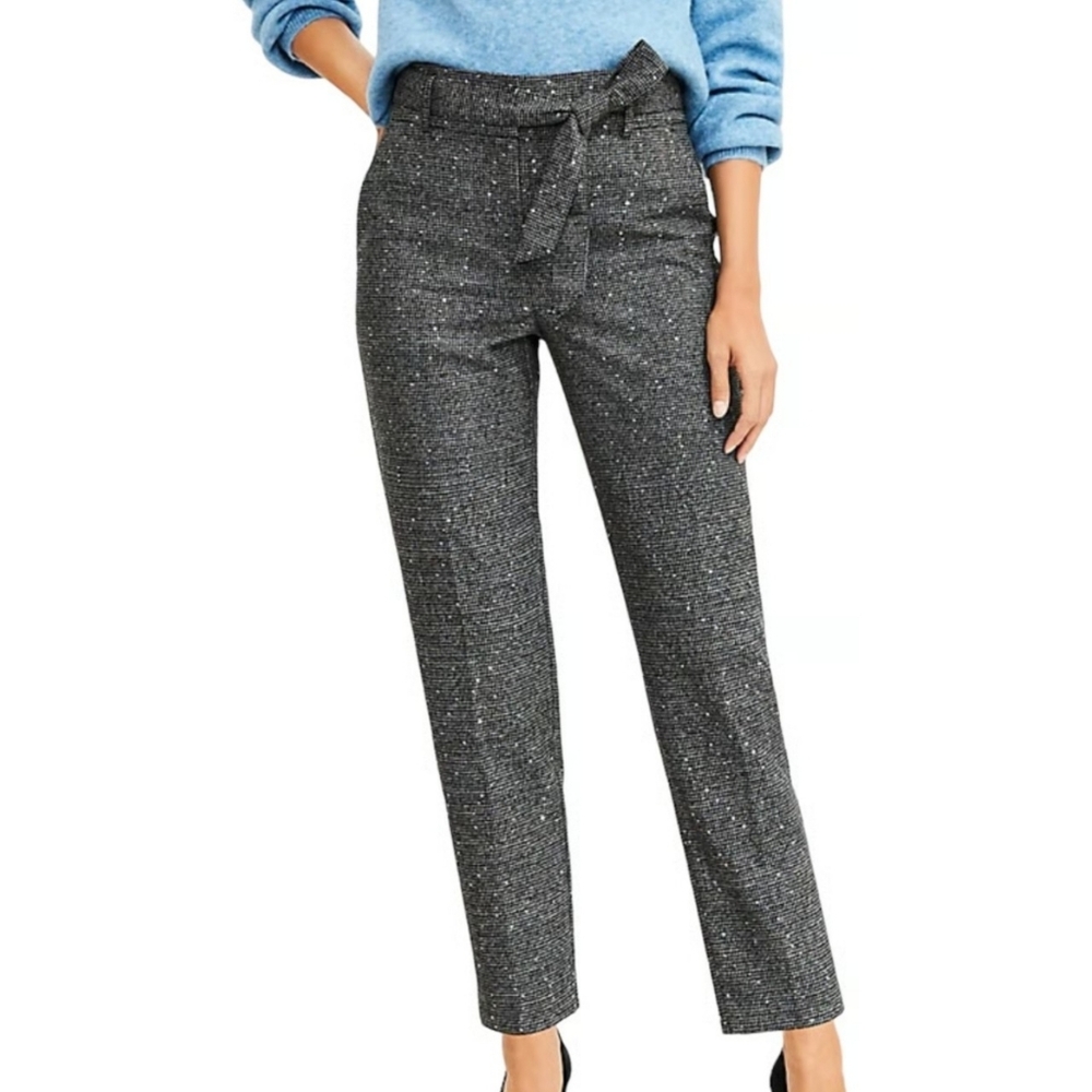 Loft Sequin Tie Waist Houndstooth Pants Gray & Black Size 2